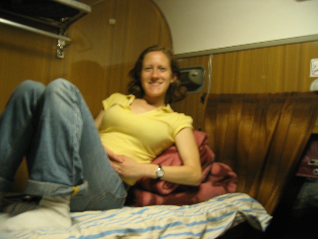 Alison, getting cozy in our cabin which we will reside in for the next 28 hours. 