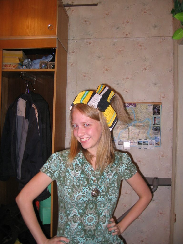 Alison's Russian language tutor Anastasia wearing a hat that Jonas (Alison's german roommate)...