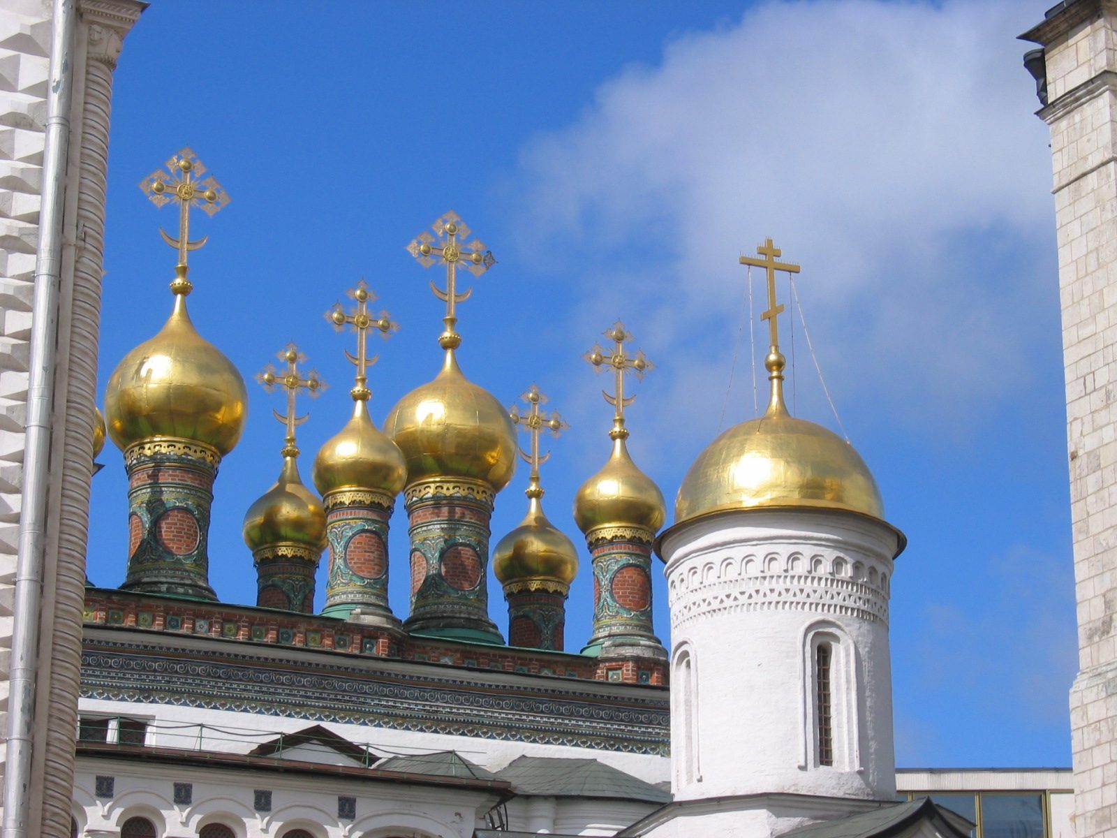 A pretty top to one of the churches in the Kremlin.