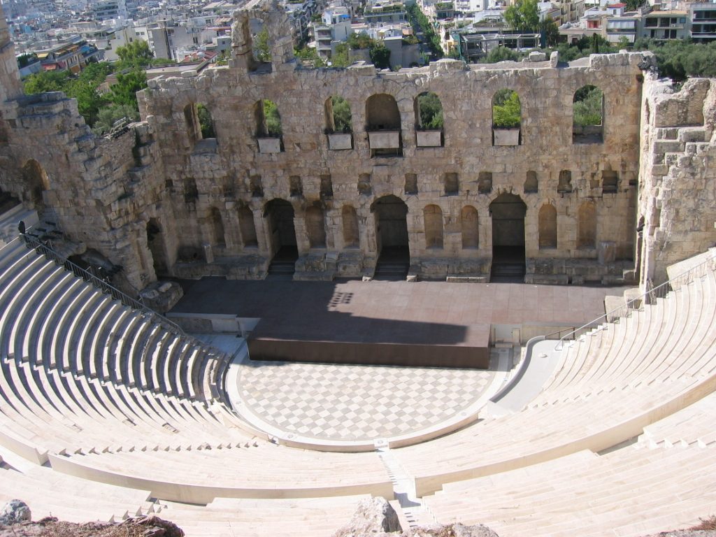 Theater of Dionysos, just south of the Acropolis, as viewed from just below the temple of Athena Nike.