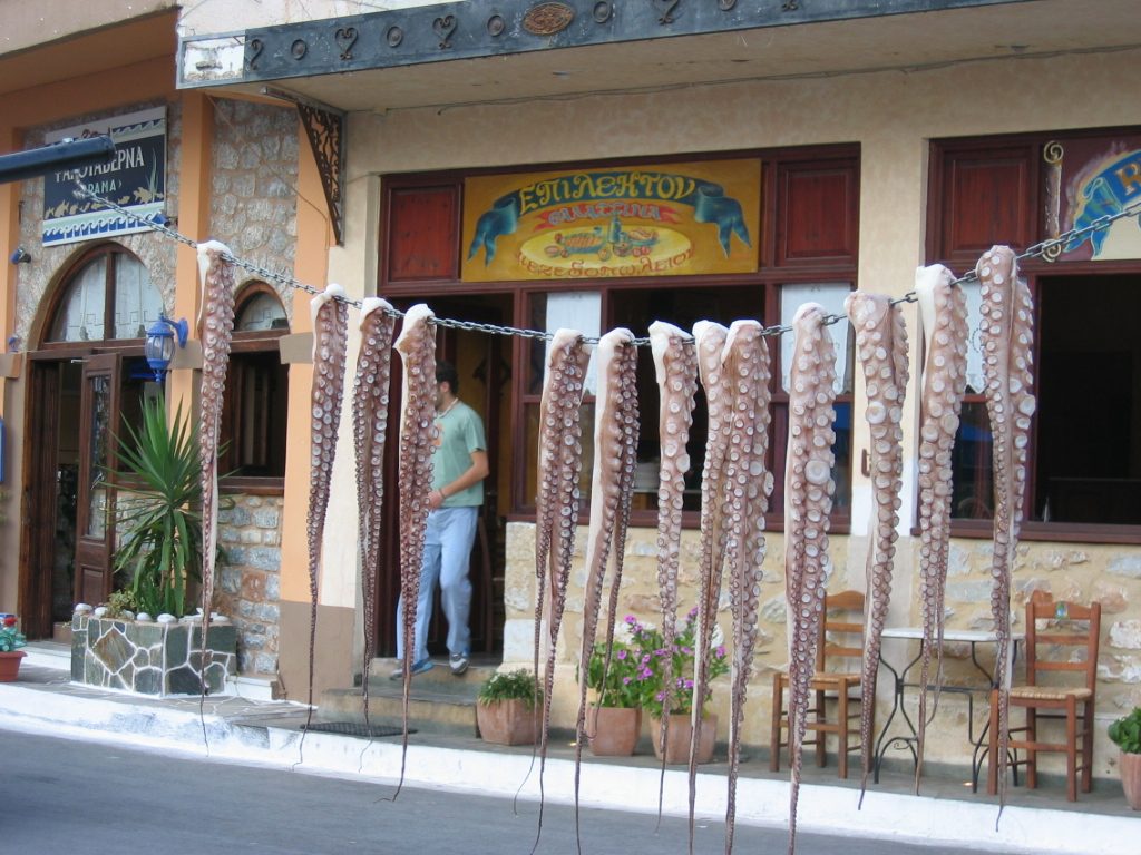 Octopus legs being dried out in preparation for a barbeque in front of a restaurant in the...