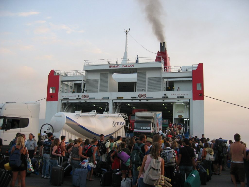 Everyone getting off the ferry in Corfu.
