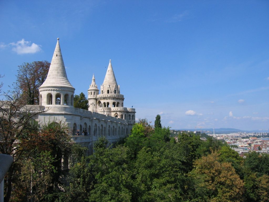 The fairy-tale-like Buda Castle and Budapest in the background.