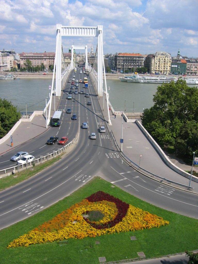 Looking east from the bridge over the natural springs back across the Danube.  Elisabeth Bridge.