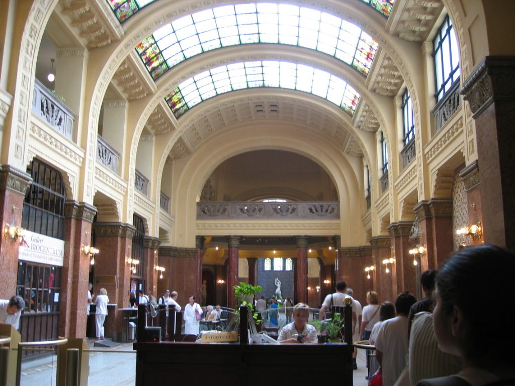 The entry hall of the Gellert Baths - probably the most famous Turkish baths in Budapest.  There...