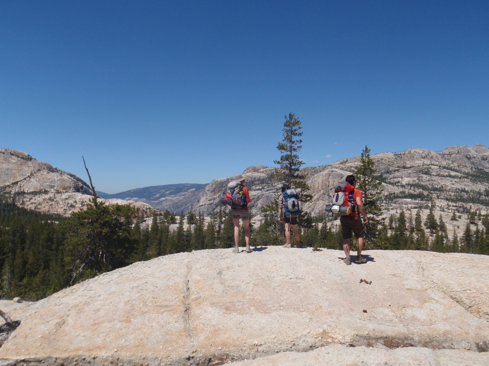 Mel, Monica and Jasper survey the road ahead. The Grand Canyon of the Tuolumne is at the bottom...