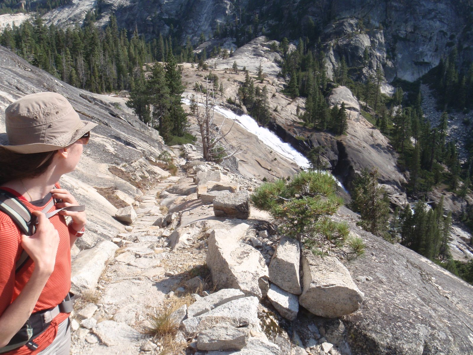 Mel looking back on Waterwheel Falls as we continued down trail.
