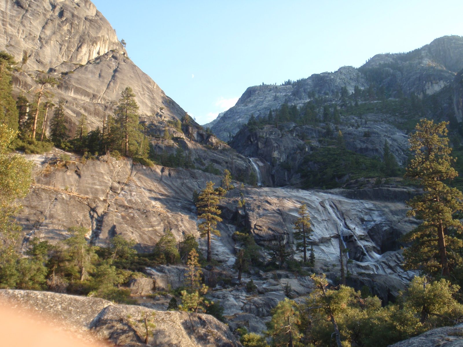 Cathedral Creek, as viewed from our campsite. The moon is faintly visible in the V.