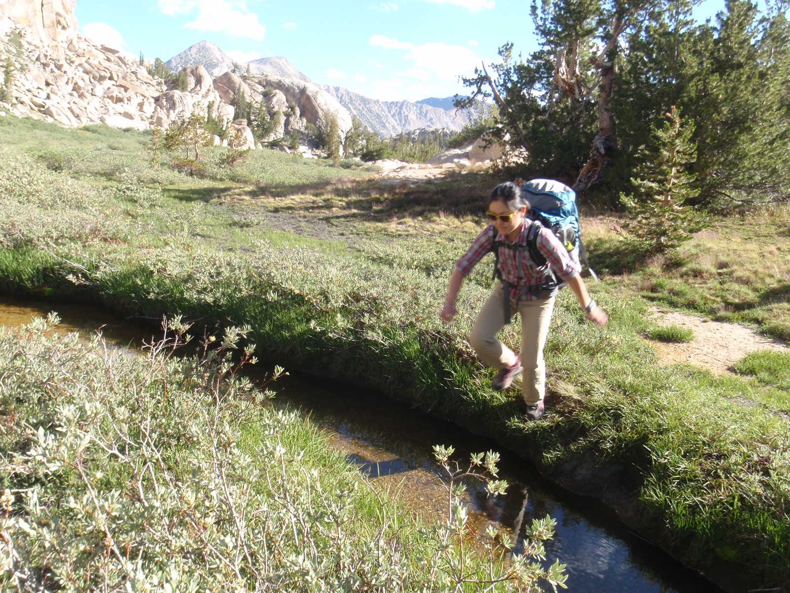 Mandatory stream-jumping to get from our semi-island campsite back to the trail.