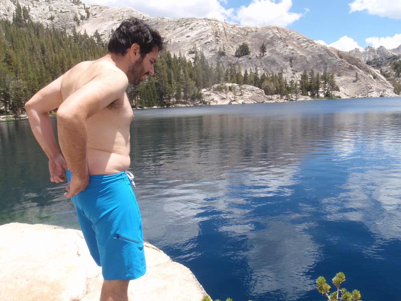 Jasper getting ready to swim in cobalt Peeler Lake. The waters more or less matched Jasper's...