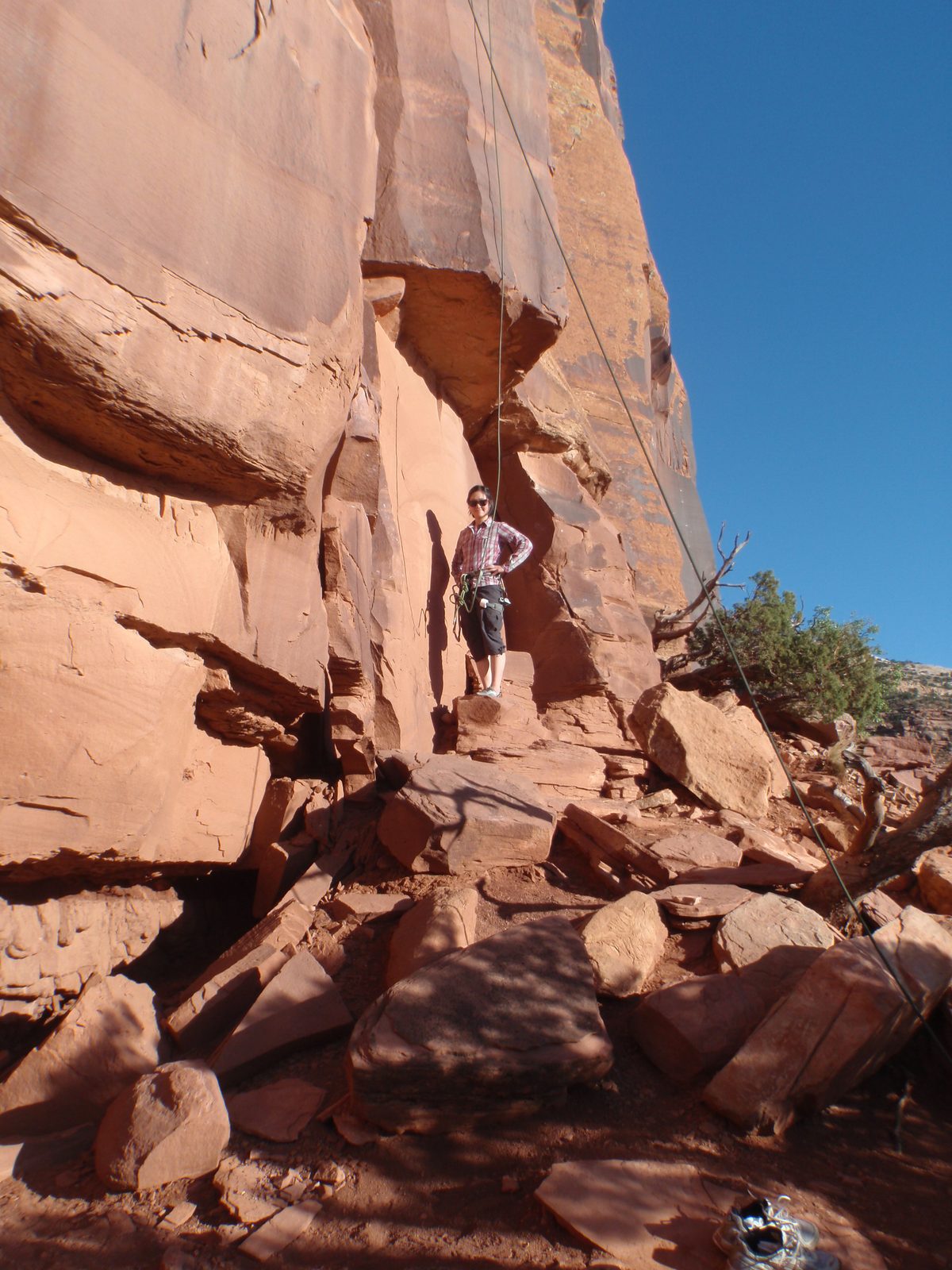 Monica at the base of Tube Steaks Tomorrow (5.10+) on Second Meat Wall.