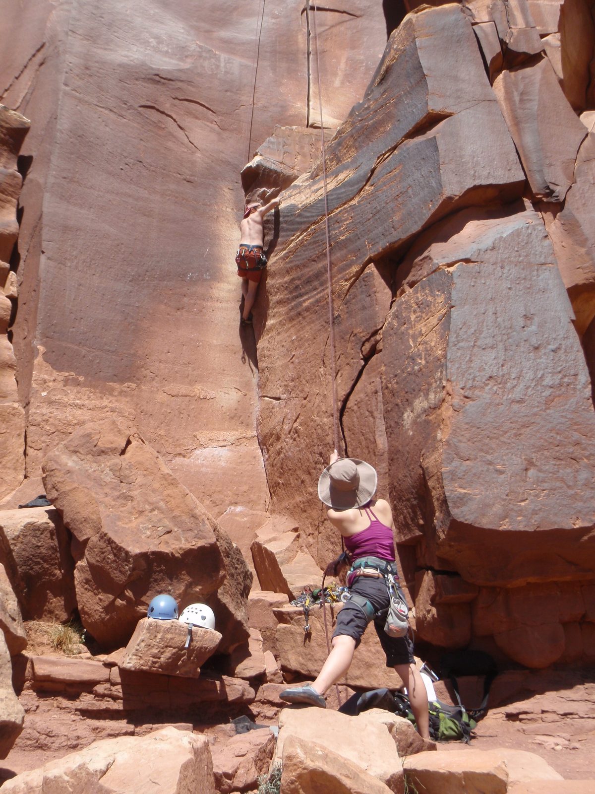 Monica belaying while John wrestles with the awkward and difficult start to Luxury Liner.