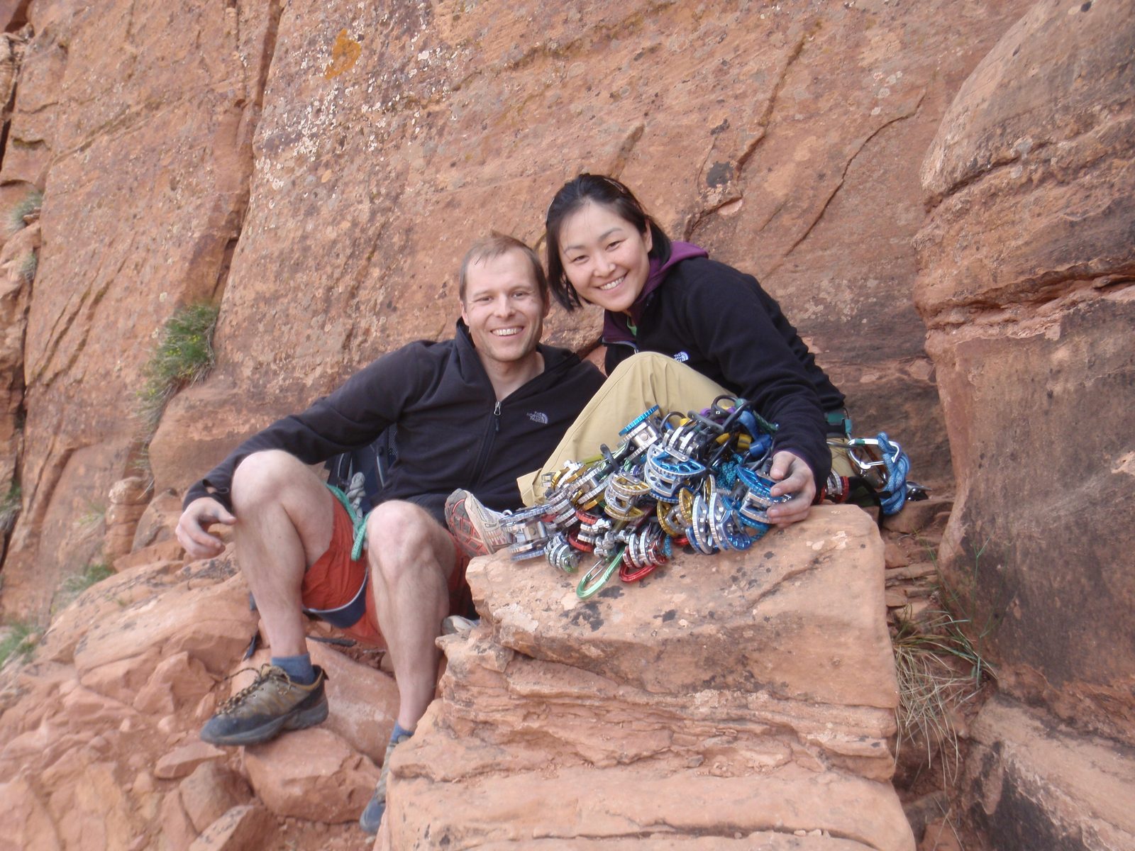 John and Monica with the pile of gear we needed to assemble to climb some of these routes.