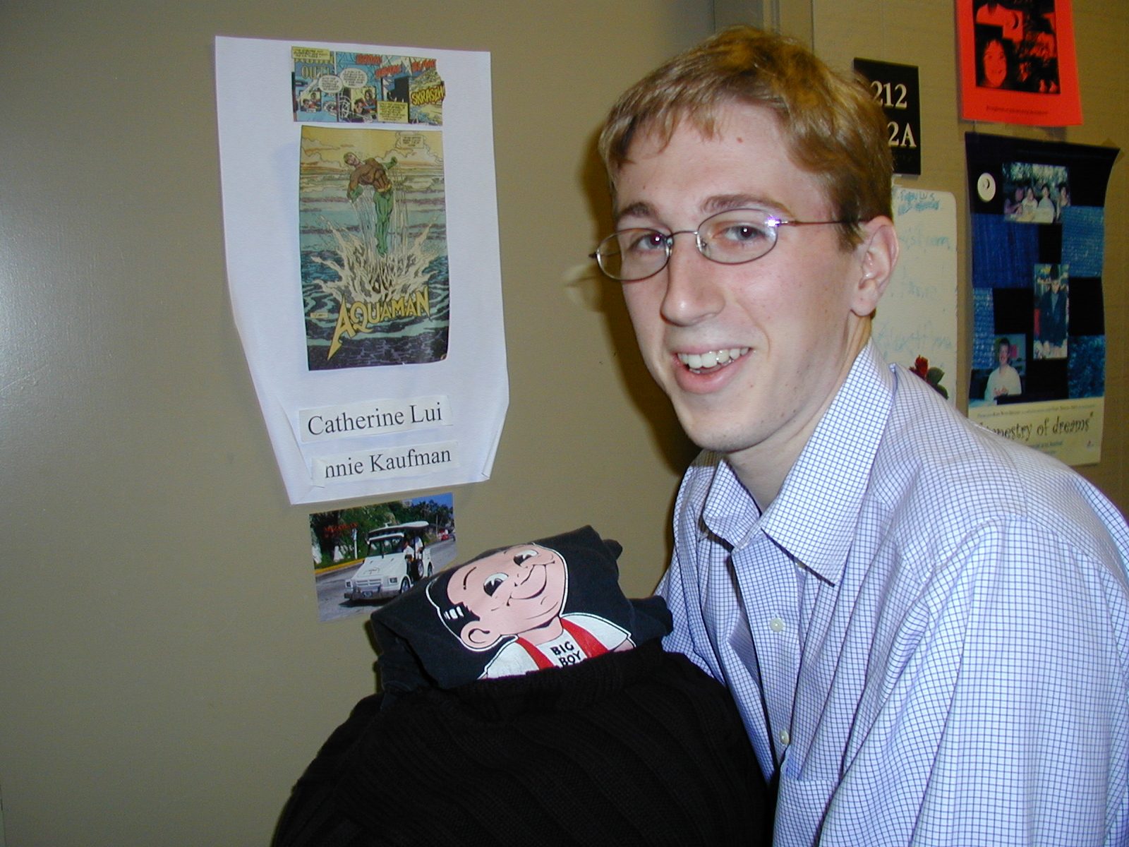 Trevor carrying surrogate roommate over to visit his good friend Annie Kauffman.