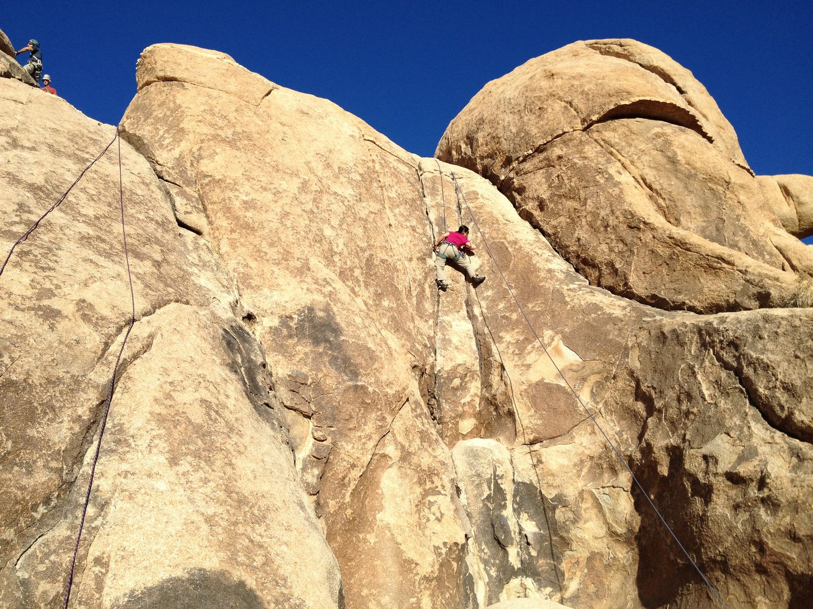 Monica climbing a double crack 5.8 on Trashcan Rock in the Quail Springs area of Joshua Tree.