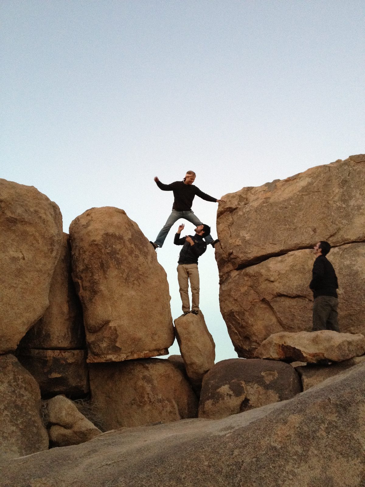 John, Alex and Rob goofing around and posing on a rock formation next to Trashcan Rock.