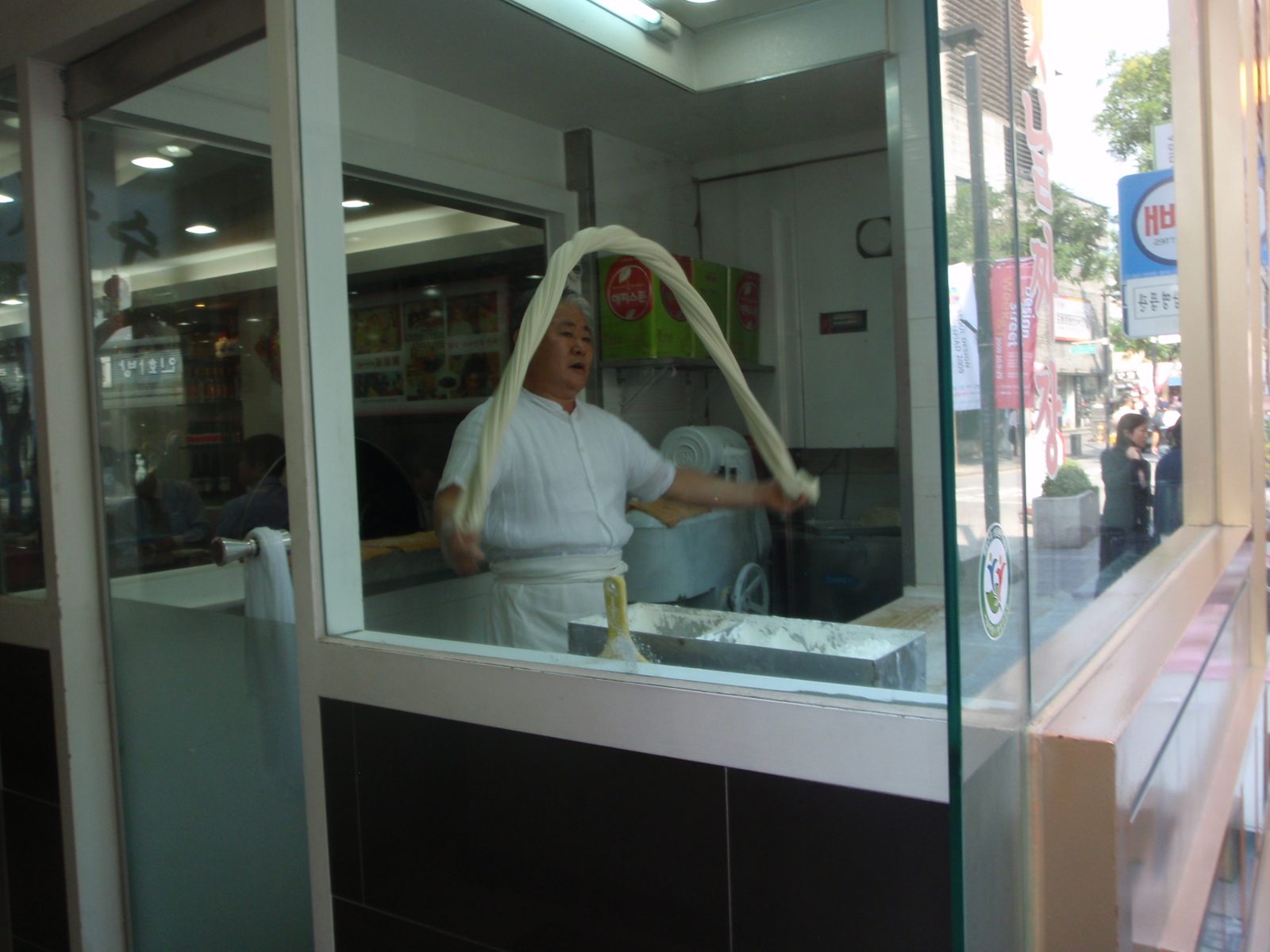 A chef making hand pulled noodles in a Chinese restaurant in Insadong, Seoul. 