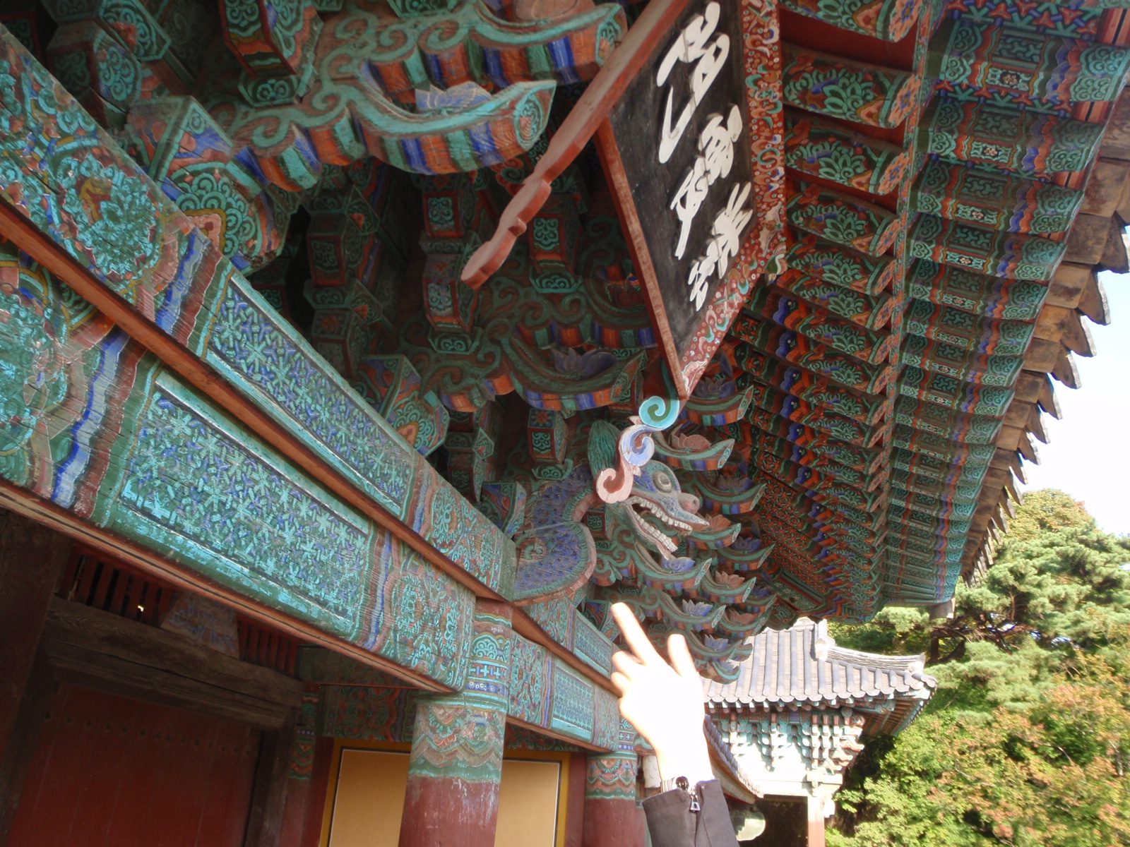 Monica pointing out some detail in the ornately carved and painted wooden roof, made without any...