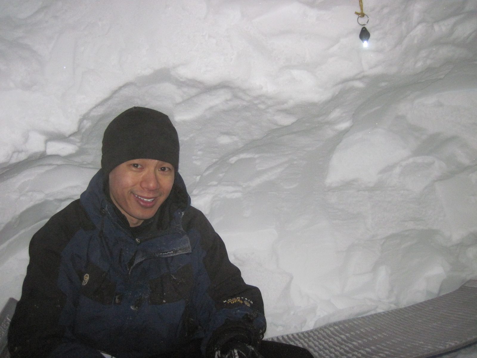 Yang, inside our main snow cave. Check out our custom LED pendant lighting.