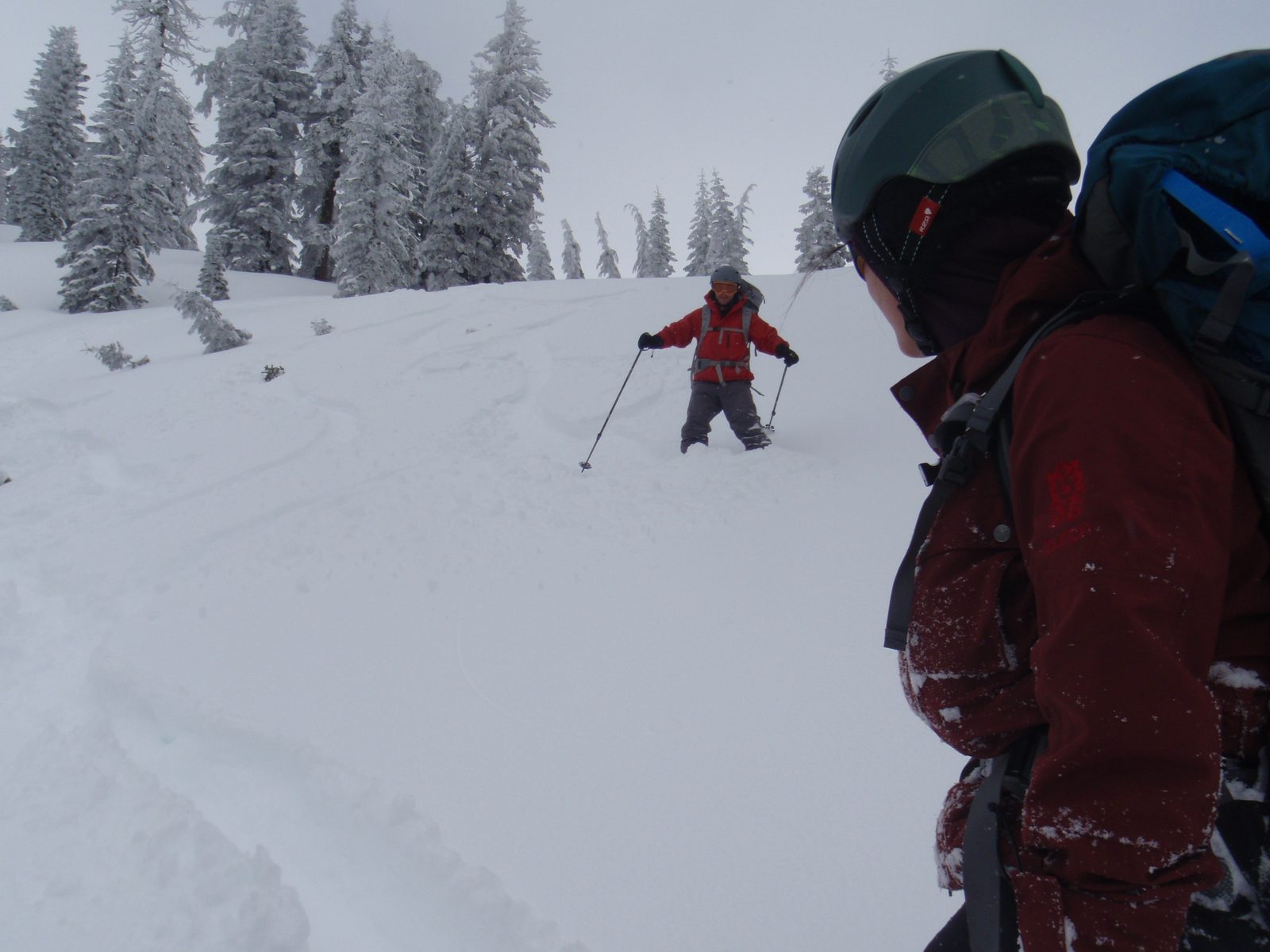 Vinnie snowboarding with poles (Monica watches from right).