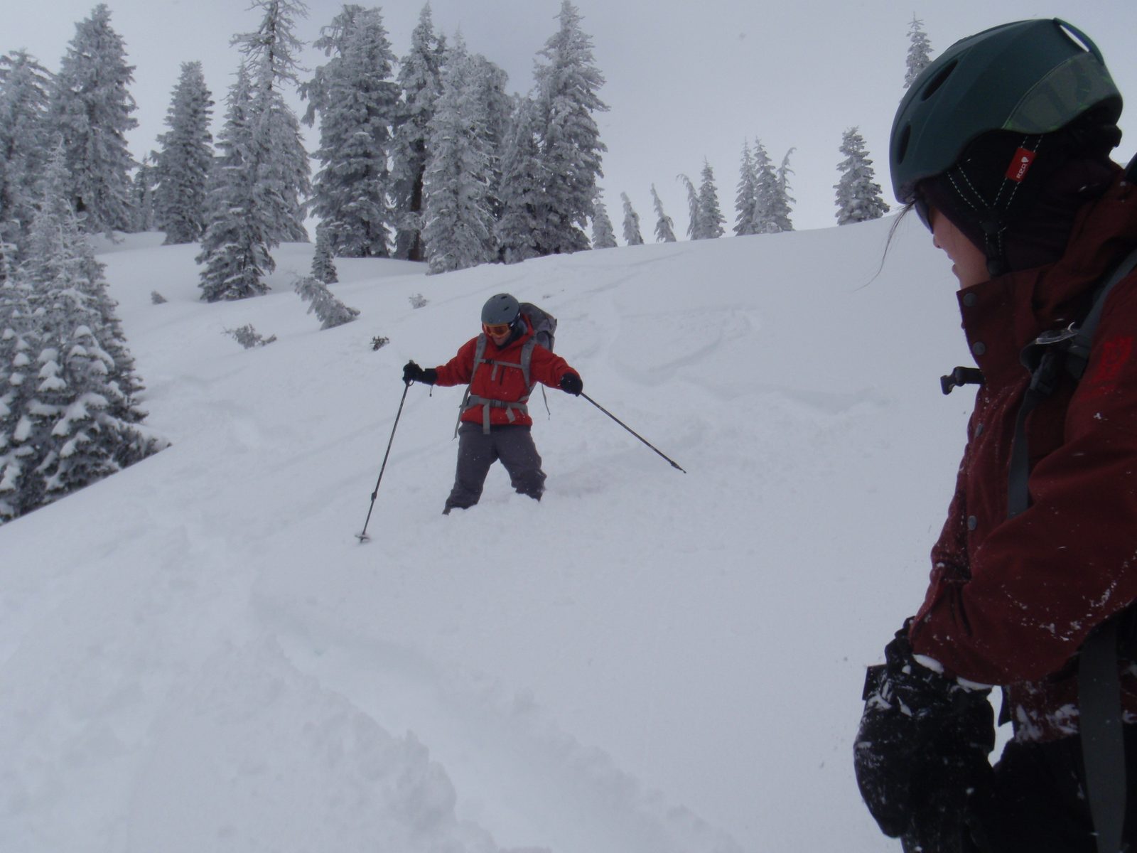 Vinnie snowboarding with poles.