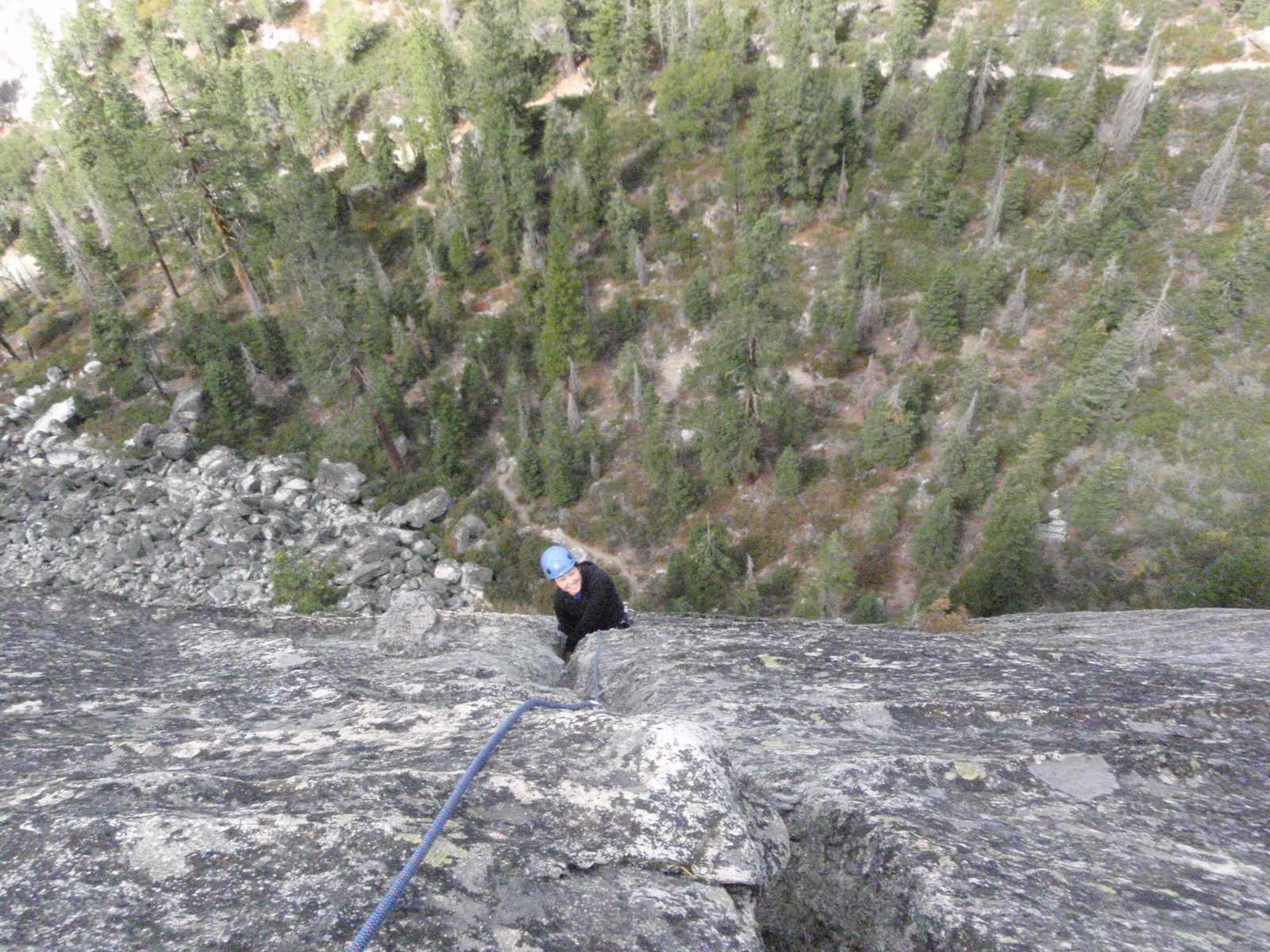 Monica, getting near the top of the second pitch to Surrealistic Pillar (5.7).