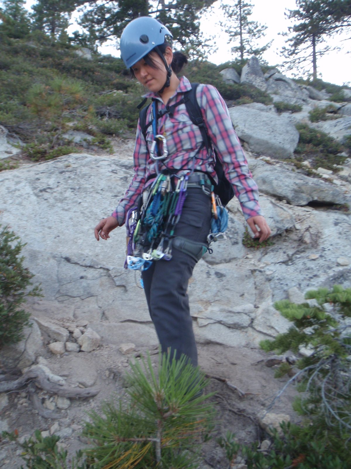Hiking back to the base, looking tired but content.