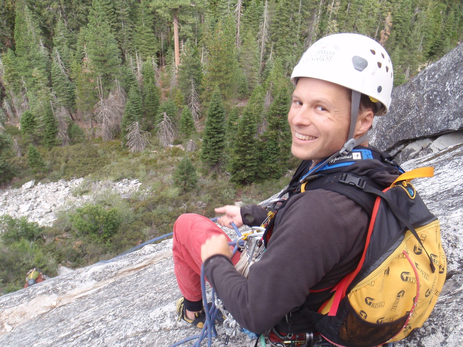 John belaying Alex up the first pitch of It's Better With Bacon. The first pitch was protected...
