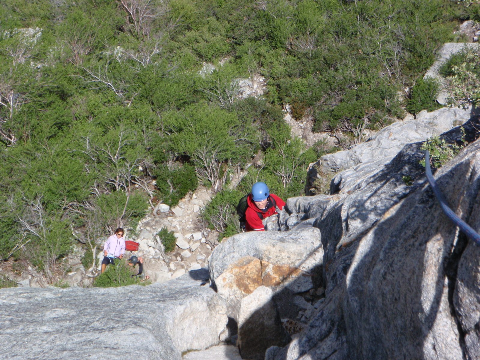 Monica seconding the first pitch of Haystack while another climbing party looks on from the bottom.