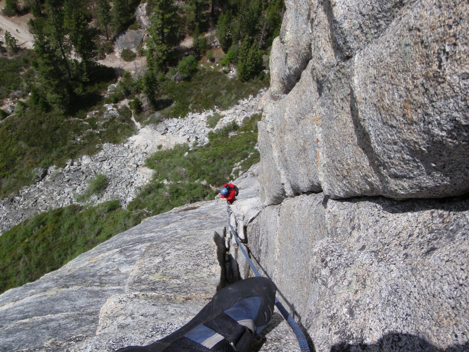 Monica seconding the second pitch of Haystack.  That is my right foot in the picture.