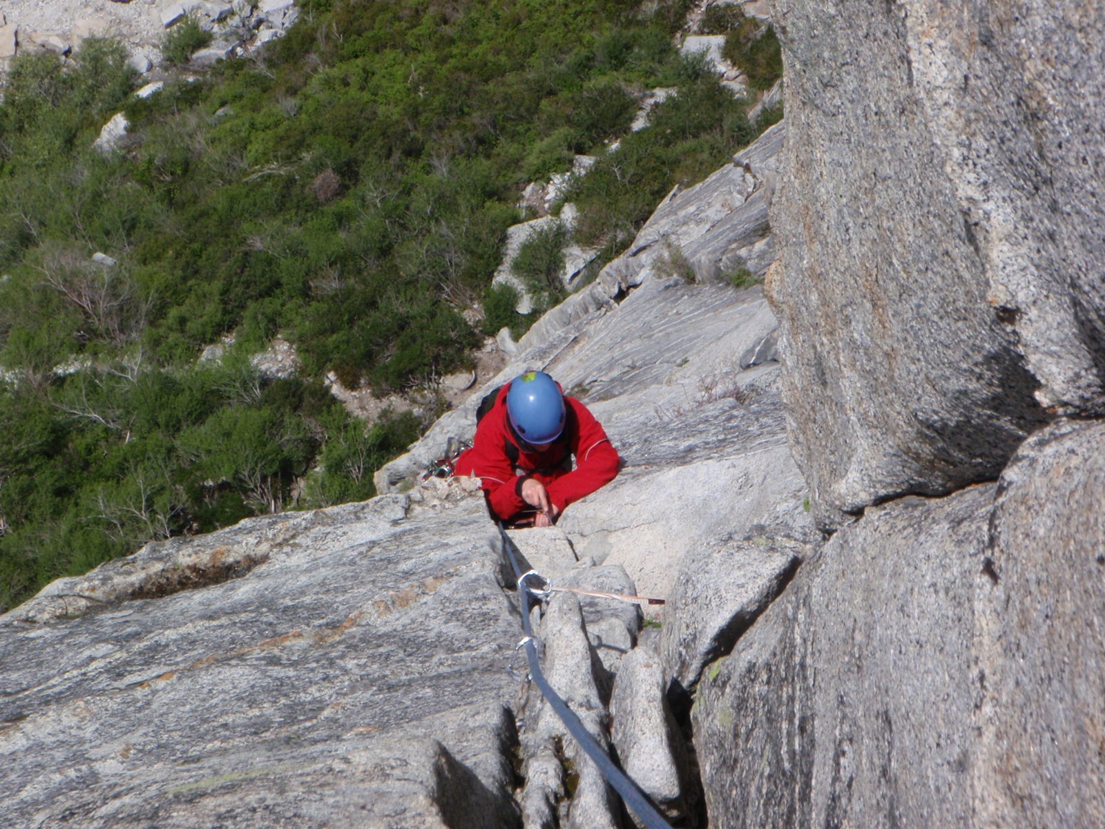 Monica freeing some more gear near the top of the second pitch of Haystack.