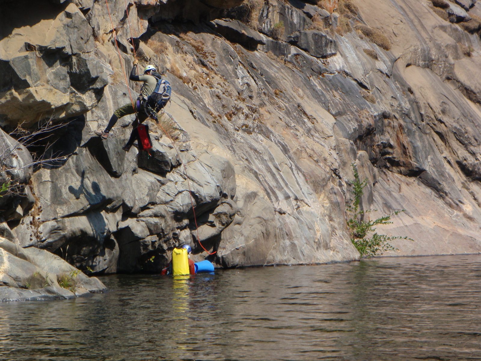 Andy on rappel with Joel proving a fireman's belay.