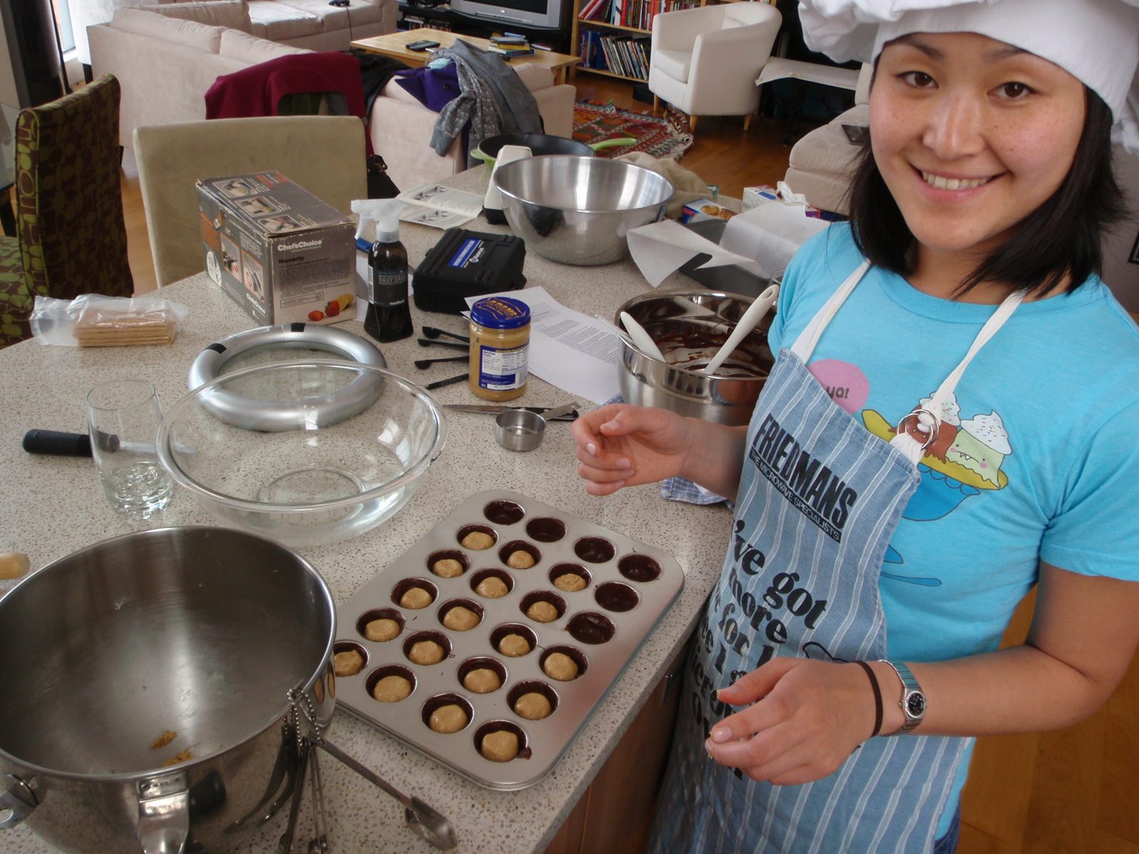 Monica, meanwhile, makes peanut butter cups with graham crackers and tempered dark chocolate crusts.