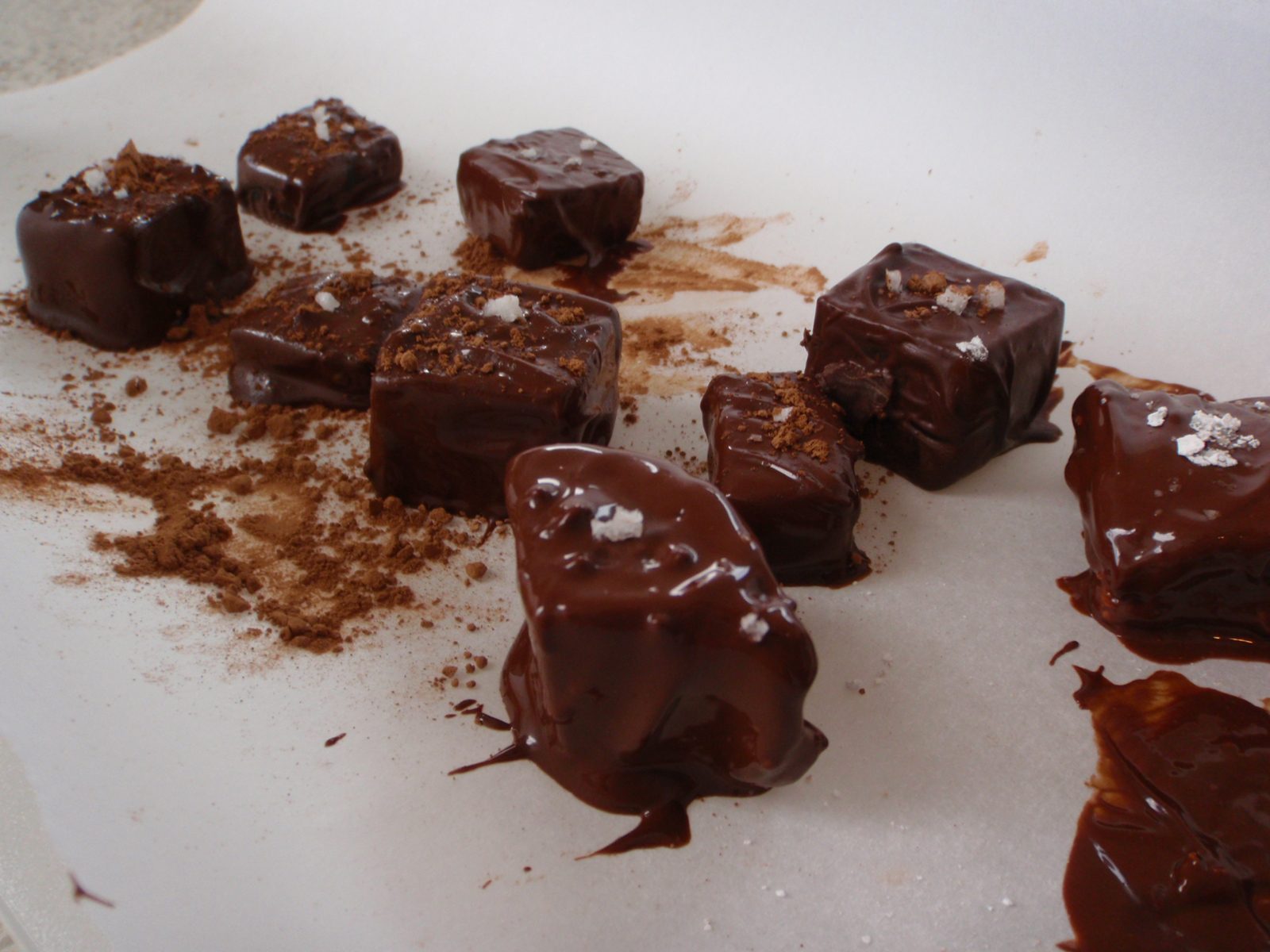 Dark-chocolate covered caramels with cocoa powder and fleur de sel.