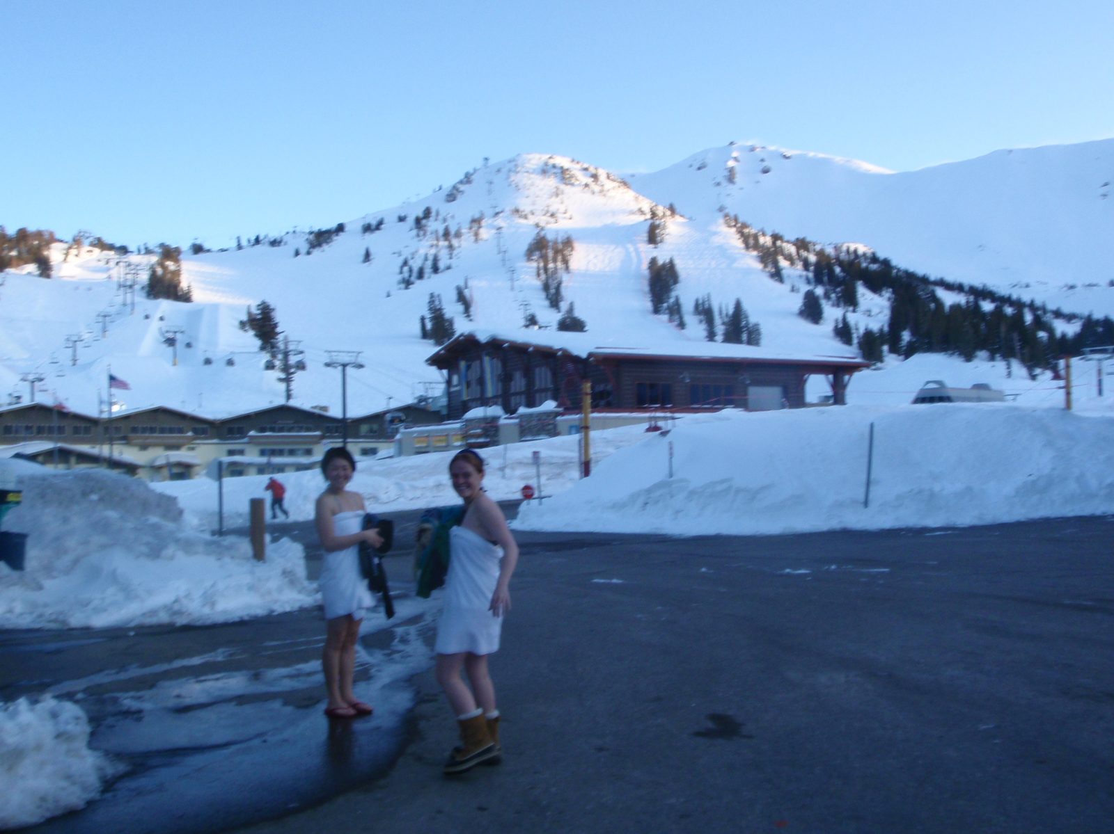 Walking back to our hotel room from the hot tub area involved a daring scamper across an...