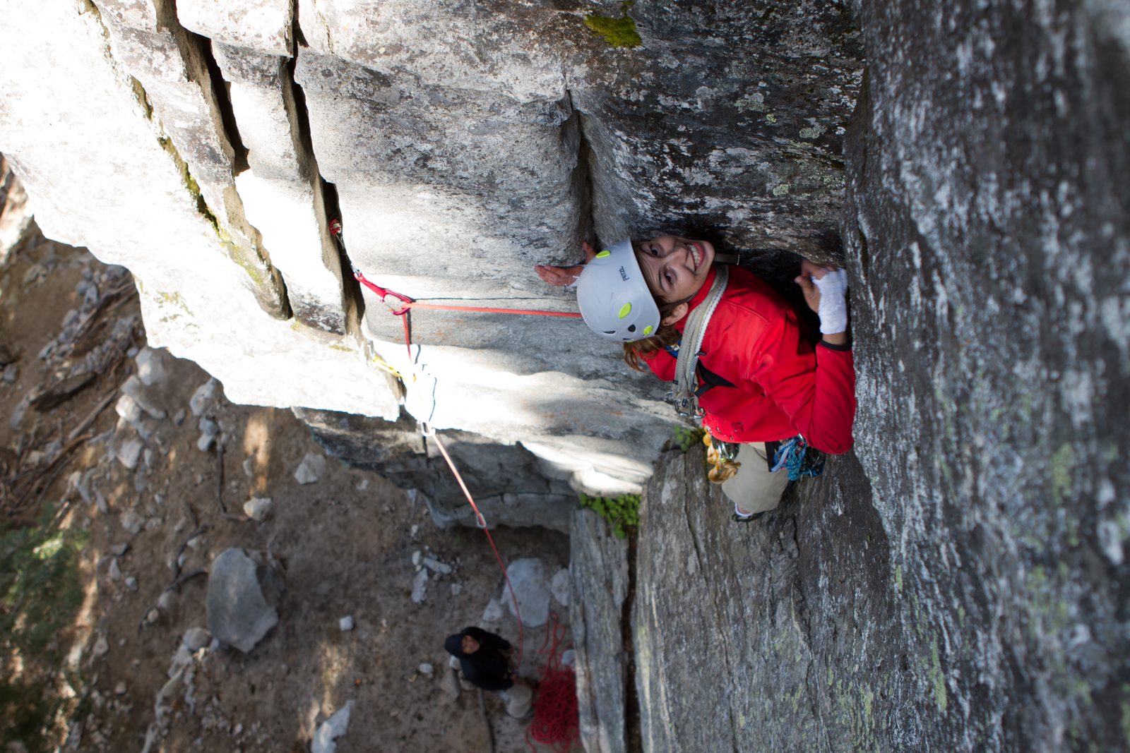 April enjoying a rare rest while leading the first pitch of Sinbad-Herbert (5.10b) at Lower...