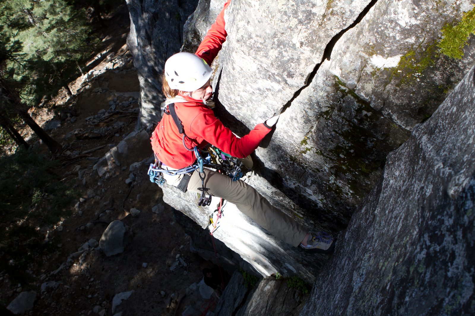April steadies herself with a foot out on Sinbad-Herbert (5.10b) at Lower Buttress Lover's Leap.