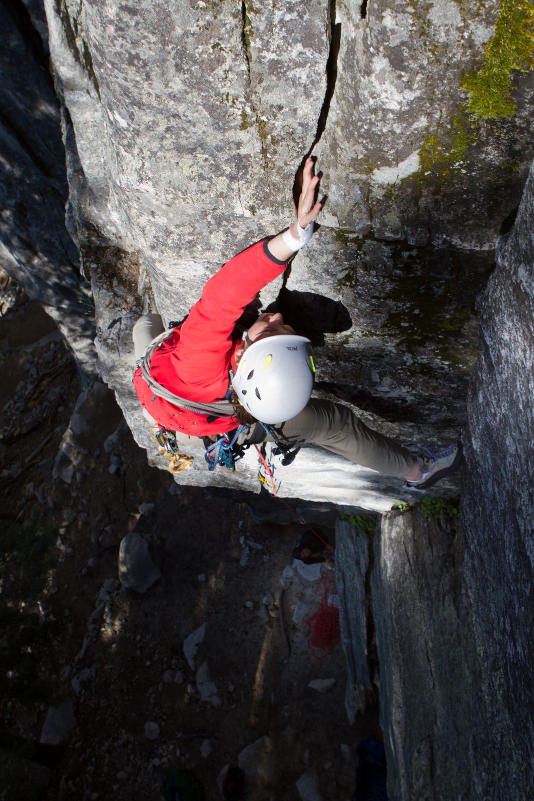 Finding a constriction in the rock to get a wrist in.