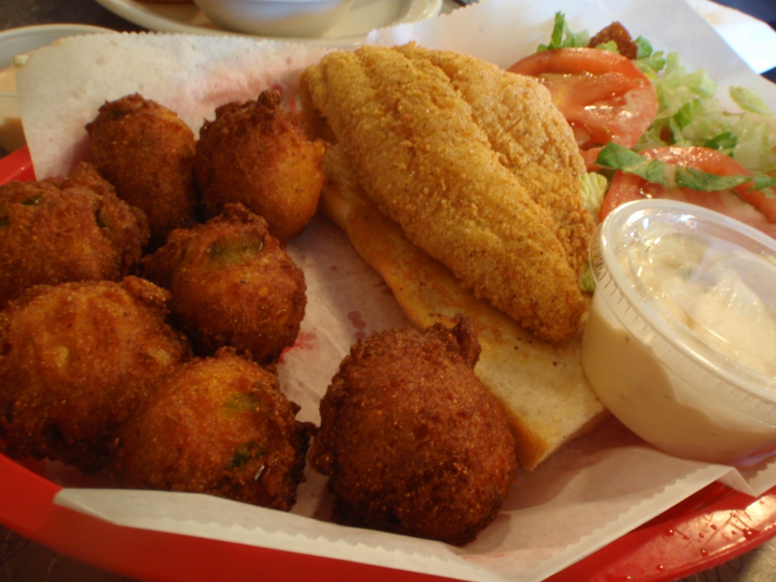 Soul Fish Cafe: hush puppies and catfish po' boy.