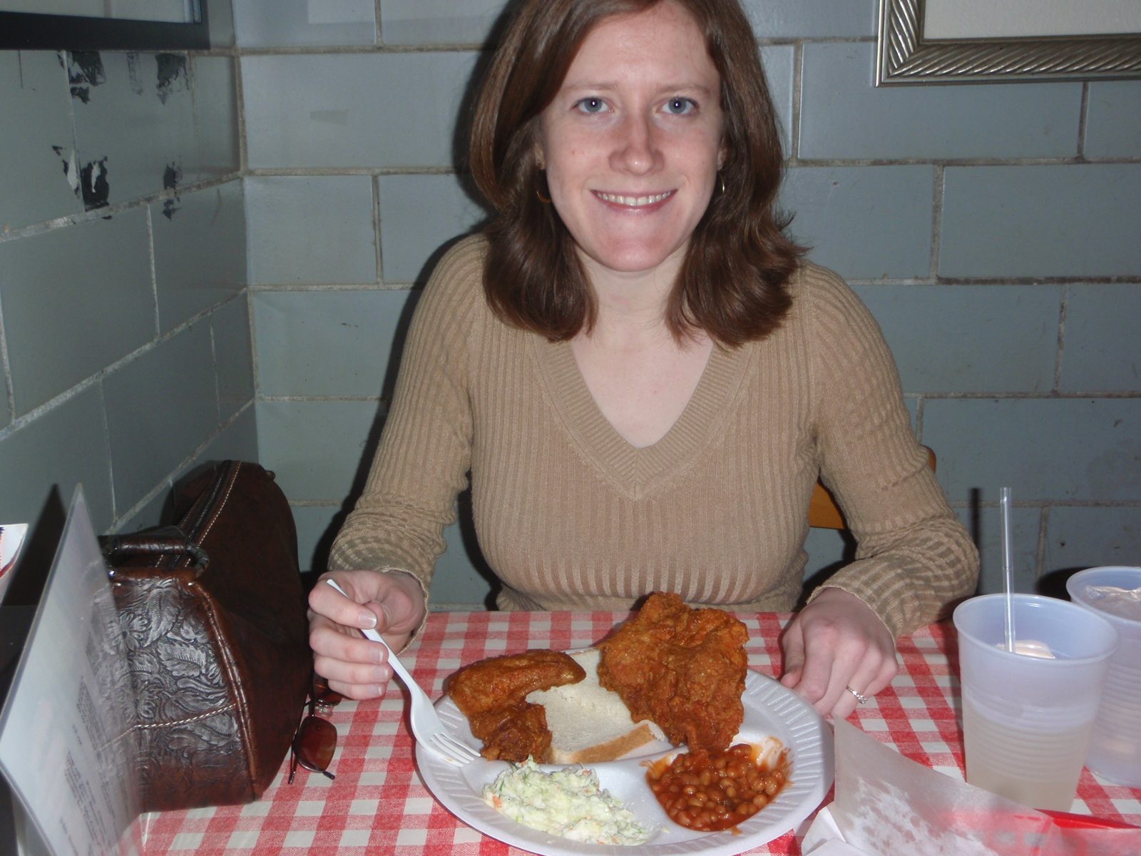Alison with her fried chicken 2 piece of white meat meal.