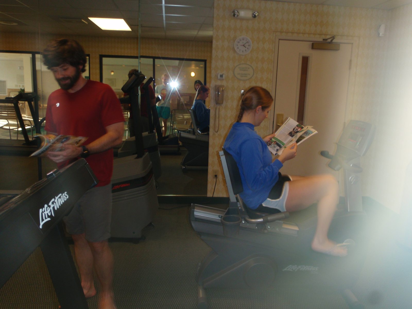 Jay and Catherine use the gym at the seaside resort we stayed at near the Salt Lake City airport.