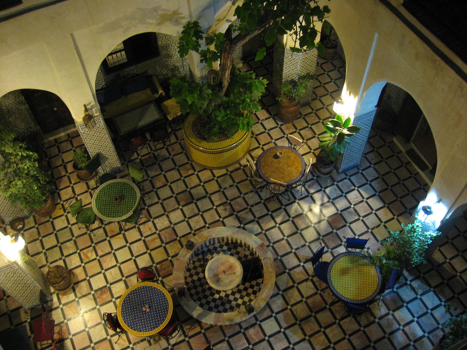 The courtyard of our riad in Marrakech, as viewed from the balcony outside our room.