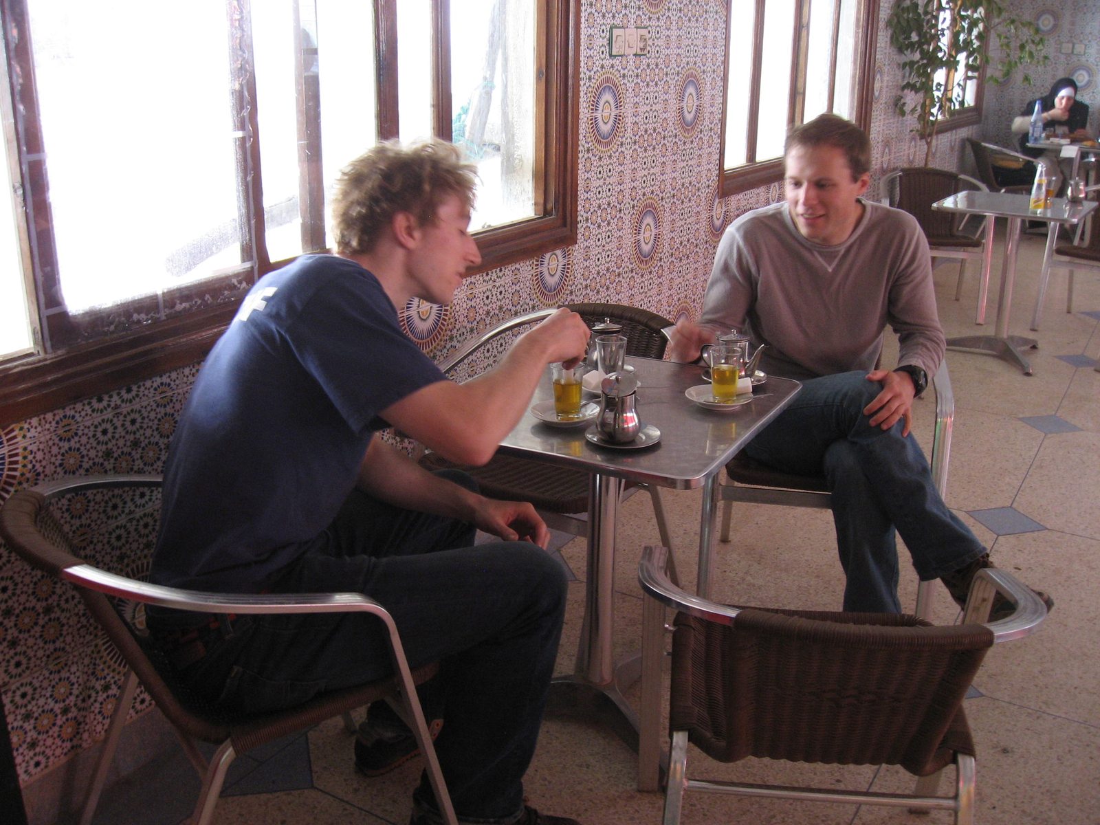 Trevor and John drinking mint tea in a town in the foothills of the Atlas Mountains.