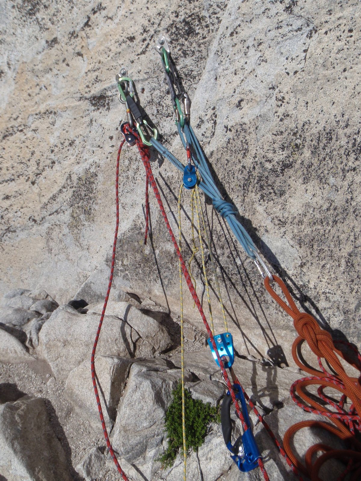 Anchor setup for hauling at the top of pitch 2. There are a number of things I did incorrectly...