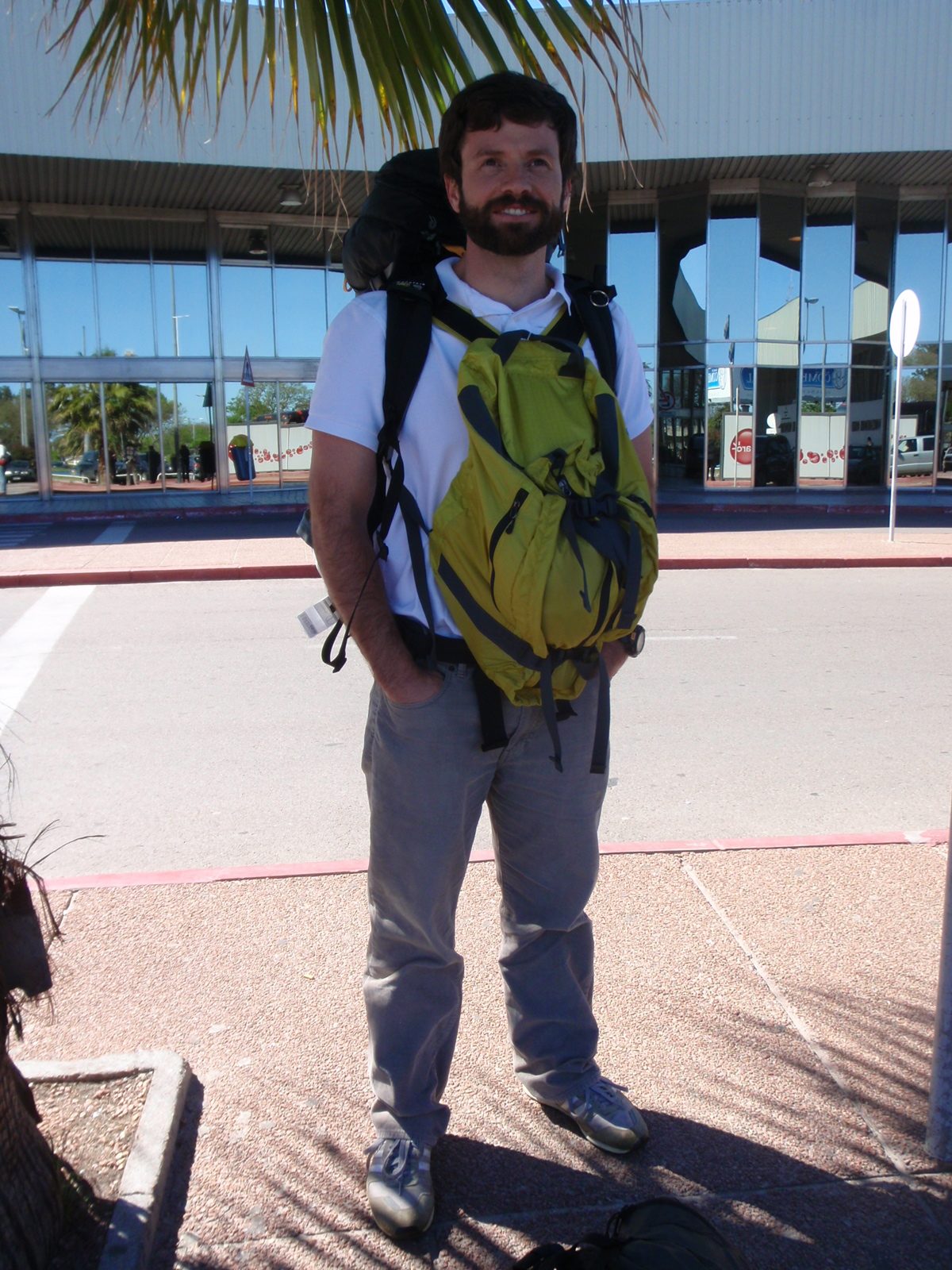 Jay arrives in Montevideo, Uruguay and waits at the airport for a bus to take us into town.
