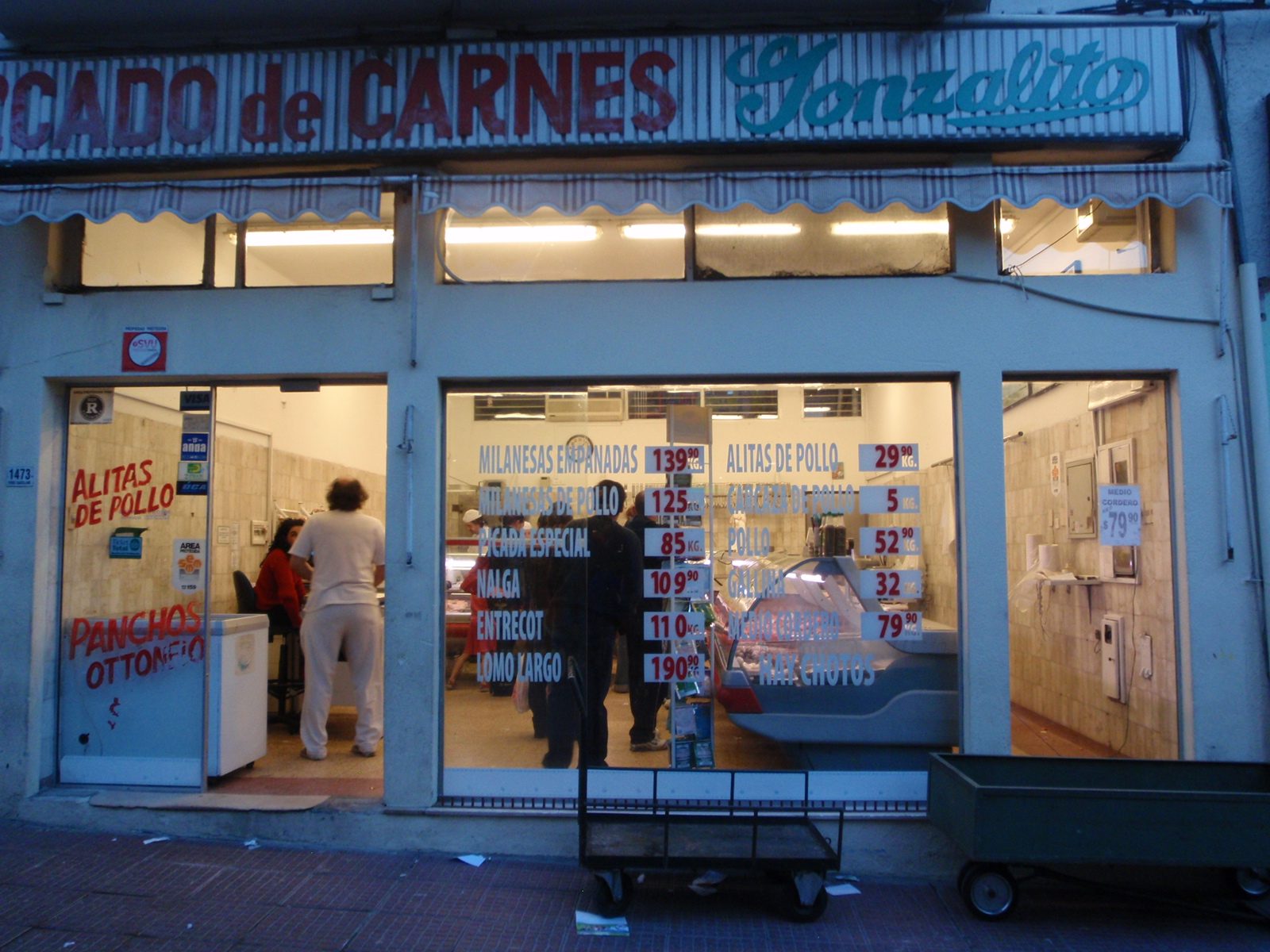Meat shop in Montevideo.  Prices per kilogram in Uruguayan peso, which is about 20 to the dollar.