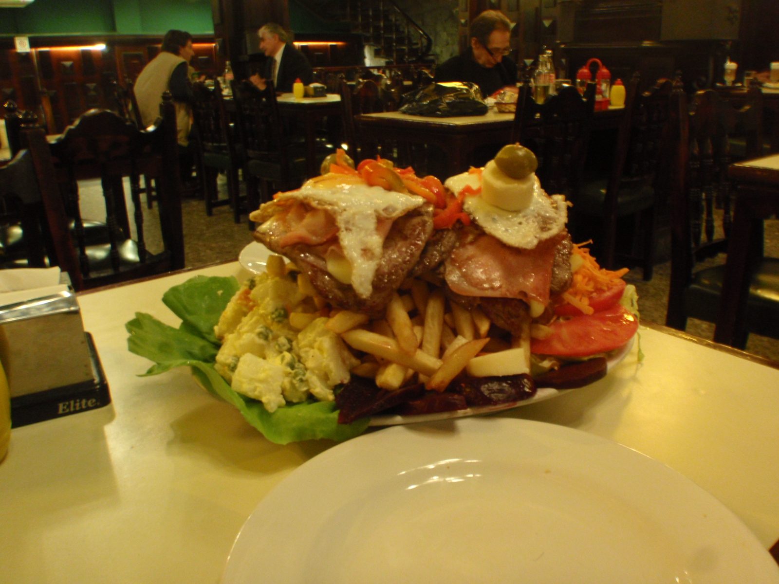 Jay's dinner.  (and mine too.)  Chivito para dos for $450 UYU.