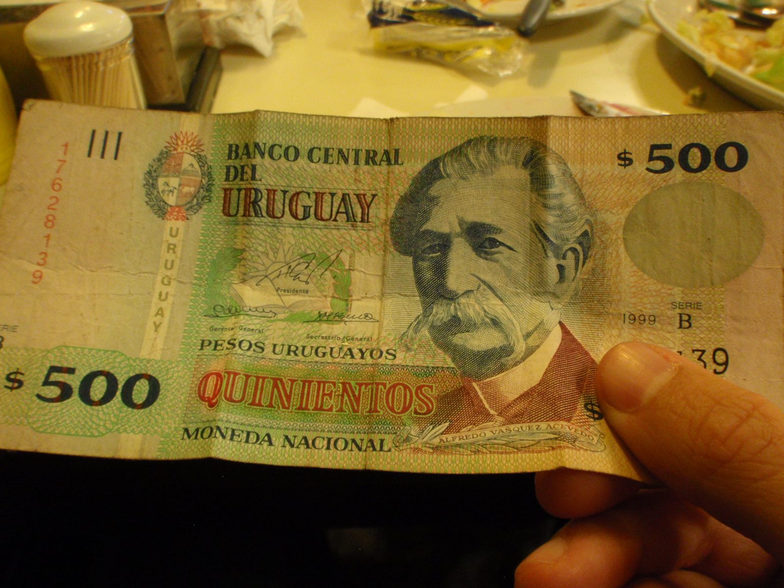 Pretty awesome mustache.  The Uruguayan yuppie food stamp (about $25 USD).