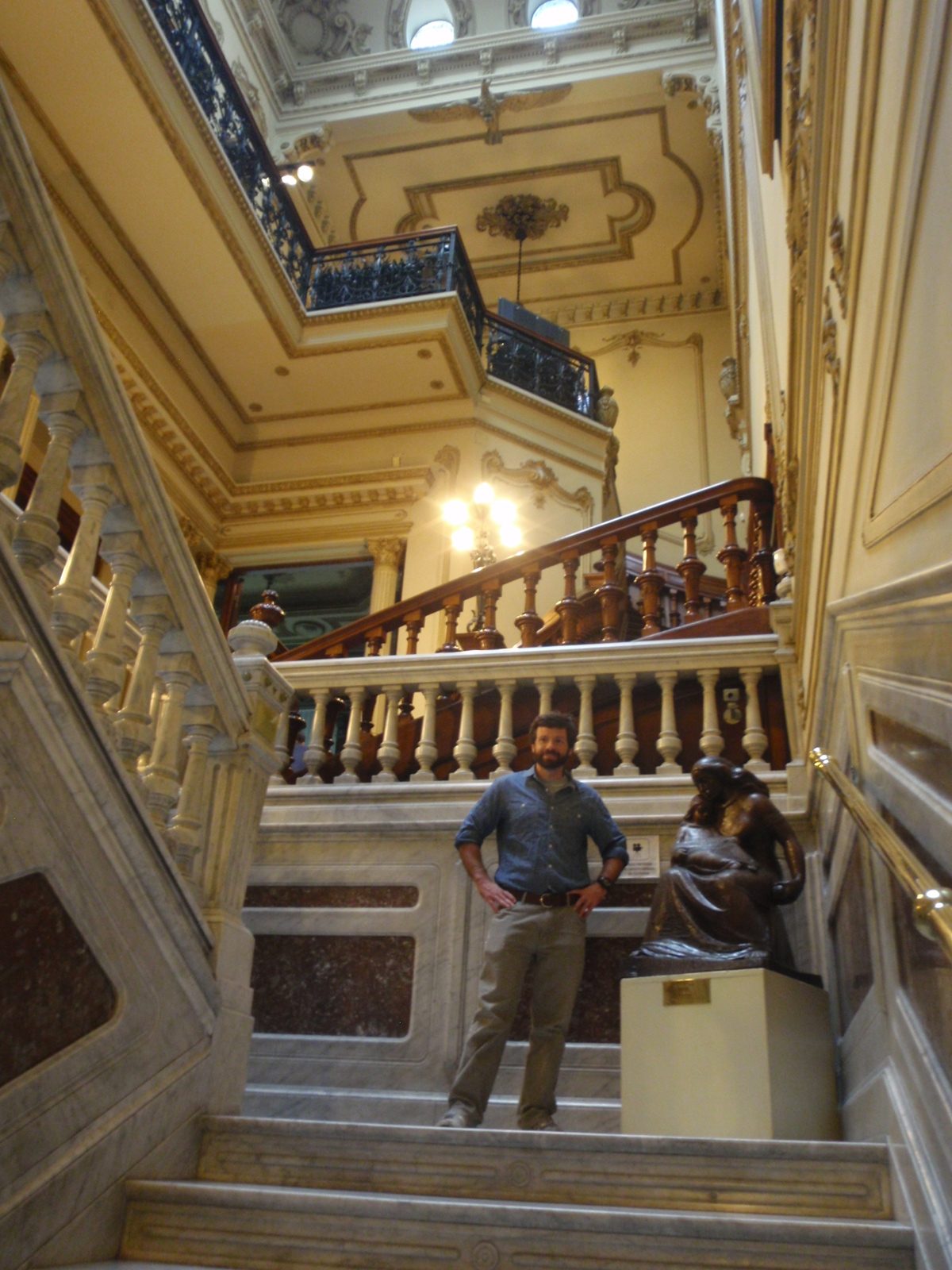 Jay in the foyer of the gaucho and money museum on Avendida 18 de Julio in downtown Montevideo. ...