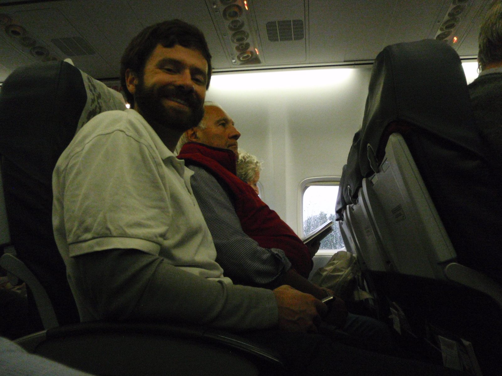 Jay and I settle into our beautiful brand-new leather-wrapped seats aboard Aerolineas Argentinas...